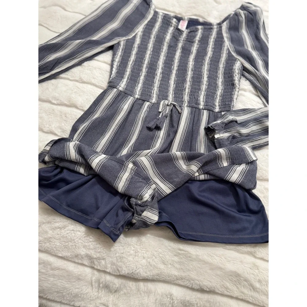 Justice Girls Blue White Striped Smocked Long Sleeve‎ Romper 16 Summer Vacation